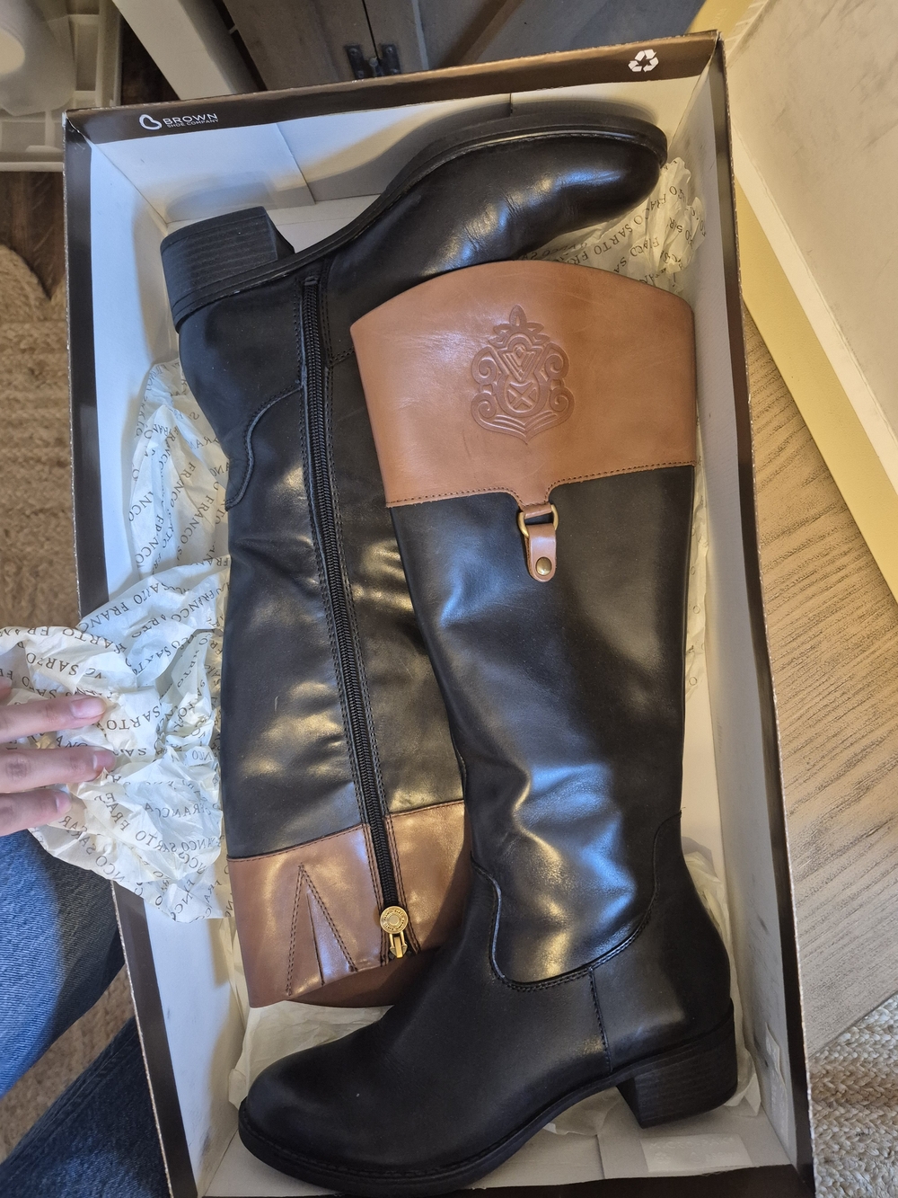 Two-Tone Black and Brown Leather Riding Boots - Womens